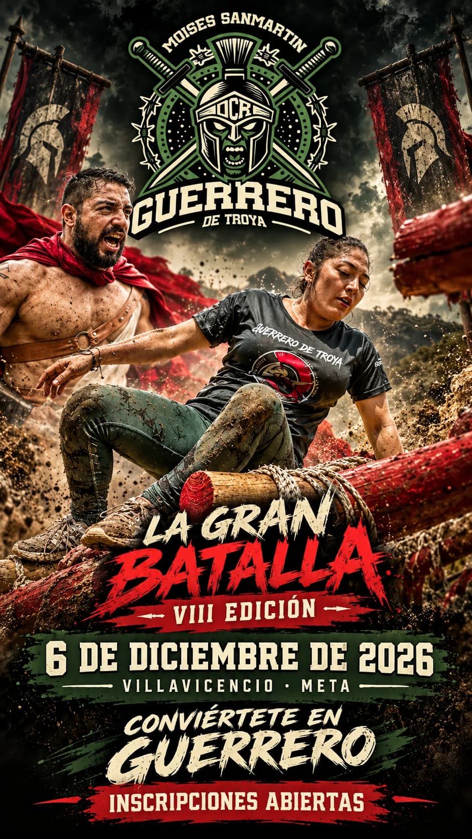 Afiche oficial Guerrero de Troya VIII Edición: La gran batalla, domingo 6 de diciembre de 2026, Villavicencio, Meta. Inscripciones abiertas.